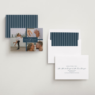 This is a navy save the date with standard by Brianne Larsen called classic date printing on recycled smooth signature in standard