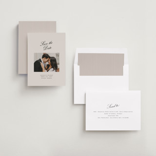 This is a clay save the date with standard by Olivia Kanaley Inman called hayworth printing on recycled smooth signature in standard