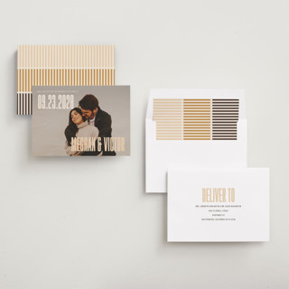 This is a honey save the date with standard by letterfix called ensemble printing on recycled smooth signature in standard