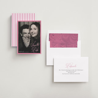 This is a peony save the date with standard by Morgan Kendall called bubblegum printing on recycled smooth signature in standard