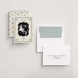 This is a wine save the date with standard by Olivia Brinks called married + matted photo printing on recycled smooth signature in standard