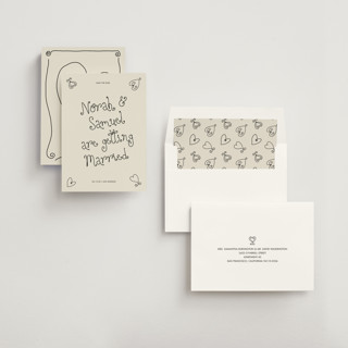 This is a ink save the date with standard by Kelly Watkins called hand-drawn hearts printing on signature in standard