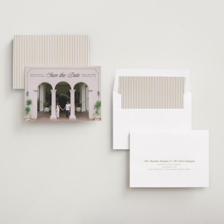 This is a golden save the date with standard by Pink House Press called notched up printing on recycled smooth signature in standard