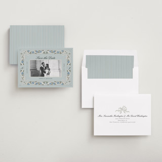 This is a sky save the date with standard by Ana de Sousa called romantic elegance printing on recycled smooth signature in standard