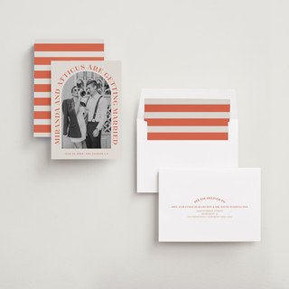 This is a persimmon save the date with standard by Sarah Cohn called surrounding printing on recycled smooth signature in standard