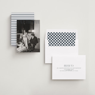 This is a night save the date with standard by Maja Cunningham called classic timeless printing on recycled smooth signature in standard