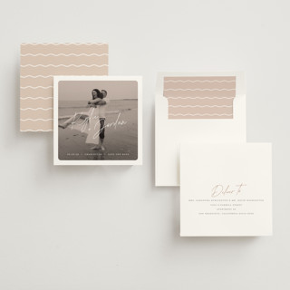 This is a snow save the date with standard by Sarah Curry called film overlay printing on recycled smooth signature in standard