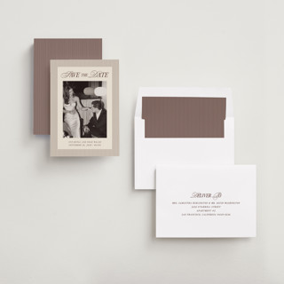 This is a maroon save the date with standard by Pati Cascino called sienna printing on recycled smooth signature in standard