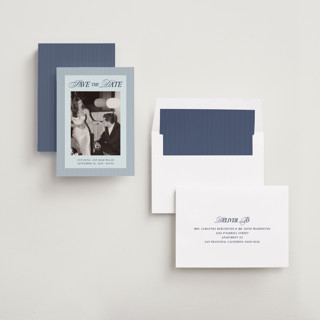 This is a navy save the date with standard by Pati Cascino called sienna printing on recycled smooth signature in standard