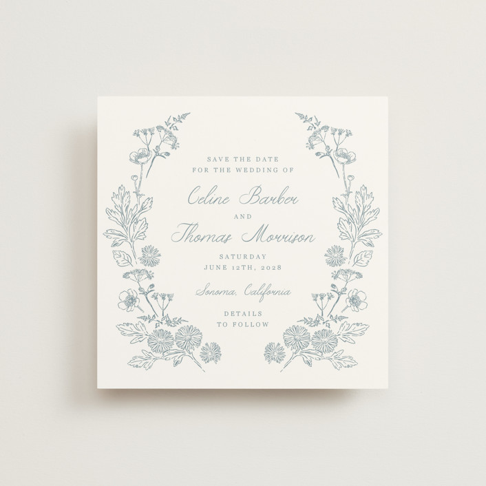 "Toile Frame" - Save The Date Cards in Cornflower by Hannah Bowman.