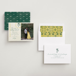 This is a island citrus save the date with standard by Pixel and Hank called coastal drift printing on recycled smooth signature in standard