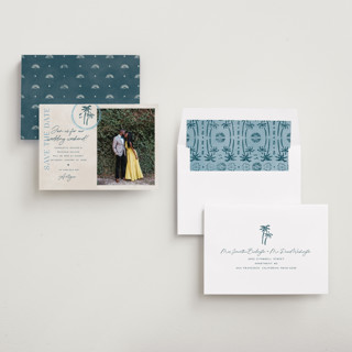 This is a frond save the date with standard by Pixel and Hank called coastal drift printing on recycled smooth signature in standard