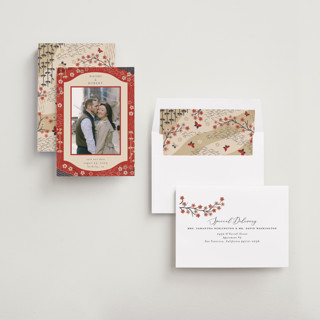 This is a rose save the date with standard by Jennifer Holbrook called japanese textile printing on recycled smooth signature in standard