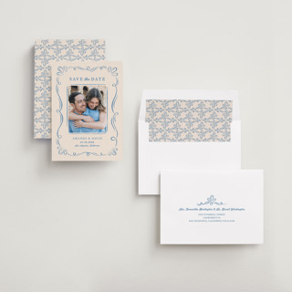This is a dusty blue save the date with standard by Lucia Saisse called happy day printing on recycled smooth signature in standard