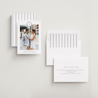 This is a cotton save the date with standard by Stacey Meacham called circle monogram printing on recycled smooth signature in standard