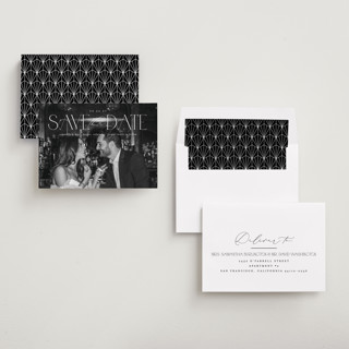 This is a pearl save the date with standard by Brooke Chandler called elegant fete printing on recycled smooth signature in standard