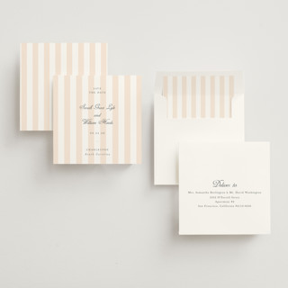 This is a peach save the date with standard by Sara Hicks Malone called awning stripe printing on signature in standard