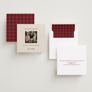 This is a burgundy save the date with standard by Ani Somi called center cut printing on recycled smooth signature in square
