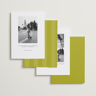 This is a chartreuse save the date with standard by Sarah Brown called cascade printing on recycled smooth signature in standard