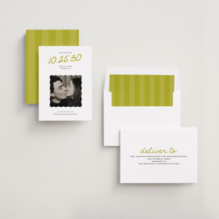 This is a chartreuse save the date with standard by Sarah Brown called cascade printing on recycled smooth signature in standard
