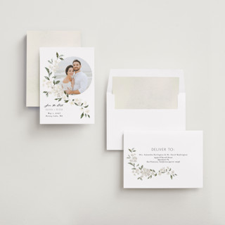 This is a porcelain save the date with standard by Itsy Belle Studio called sweeping vine printing on recycled smooth signature in standard