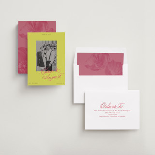 This is a flamingo save the date with standard by Morgan Kendall called maximalist poppies printing on recycled smooth signature in standard