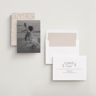 This is a ivory save the date with standard by Paper Raven Co. called vintage romance printing on recycled smooth signature in standard