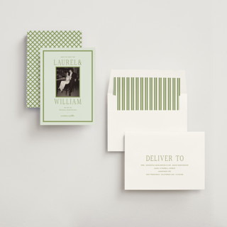 This is a forest save the date with standard by Sara Hicks Malone called dewberry printing on recycled smooth signature in standard