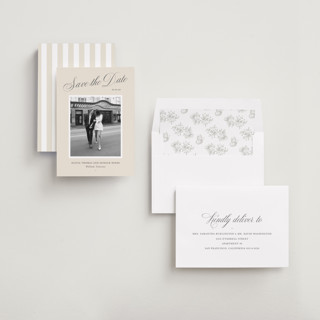 This is a champagne save the date with standard by Sara Hicks Malone called belle meade printing on recycled smooth signature in standard