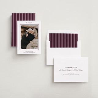 This is a burgundy save the date with standard by Stacey Meacham called engraved names printing on recycled smooth signature in standard