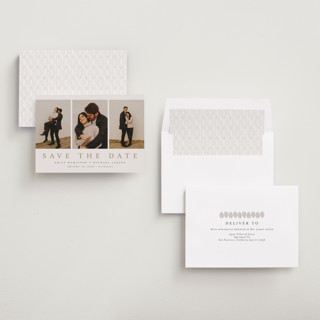 This is a sand save the date with standard by Nicole Walsh called elegant trio printing on recycled smooth signature in standard