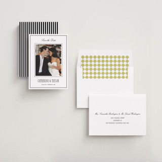 This is a silk save the date with standard by Kelly Schmidt called formal minimalist printing on recycled smooth signature in standard