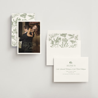 This is a moss save the date with standard by Kelly Schmidt called woods printing on recycled smooth signature in standard