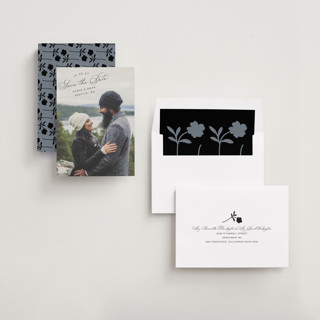 This is a smoke save the date with standard by Morgan Kendall called stamp printing on recycled smooth signature in standard