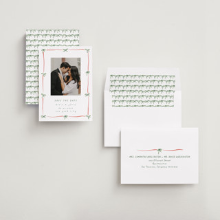 This is a berry save the date with standard by Susan Zinader called preppy bow border printing on recycled smooth signature in standard