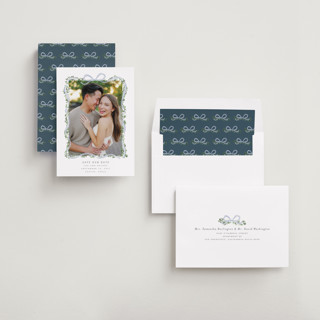 This is a juniper save the date with standard by Itsy Belle Studio called ribbonly frame printing on recycled smooth signature in standard