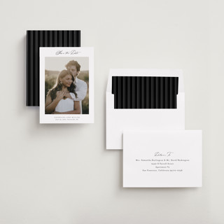 This is a cotton save the date with standard by Stacey Meacham called modern air printing on recycled smooth signature in standard