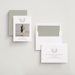 This is a sage save the date with standard by Lori Wemple called flowering arch printing on recycled smooth signature in standard