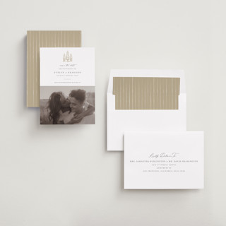 This is a champagne save the date with standard by Sarah Brown called arborvitae printing on recycled smooth signature in standard