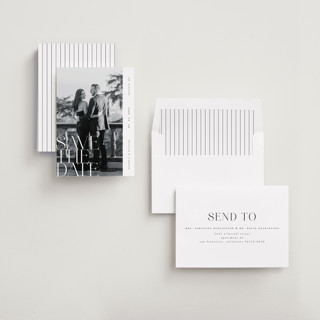 This is a pearl save the date with standard by Ana de Sousa called editorial lettering printing on recycled smooth signature in standard