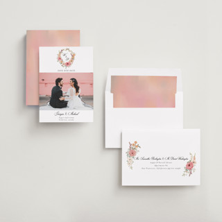 This is a sunset save the date with standard by Susan Moyal called cherished printing on recycled smooth signature in standard