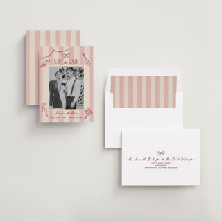 This is a rose save the date with standard by Jennifer Lew called thompson printing on recycled smooth signature in standard