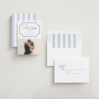 This is a bluebell save the date with standard by Jessica Williams called marenza printing on recycled smooth signature in standard