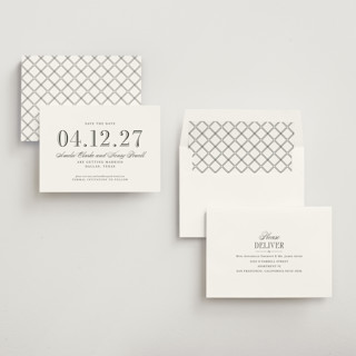 This is a tuxedo save the date with standard by Megan Davis called hepburn printing on signature in standard