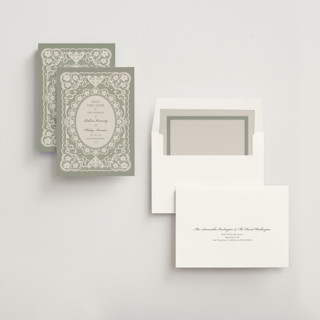 This is a sage save the date with standard by Zove Ahhh called written in romance printing on signature in standard