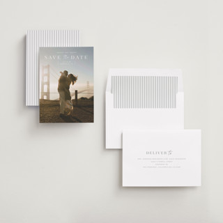 This is a cloud save the date with standard by Sara Hicks Malone called modern stencil printing on recycled smooth signature in standard