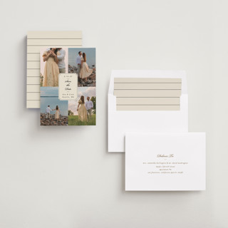 This is a cream save the date with standard by Ashley Iwafuchi called vintage wishes printing on recycled smooth signature in standard