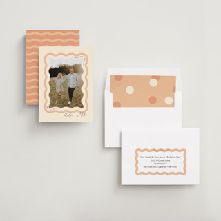 This is a seashell save the date with standard by Robert and Stella called wavy printing on recycled smooth signature in standard