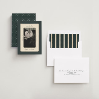 This is a emerald save the date with standard by Kate Ahn called bettie printing on recycled smooth signature in standard