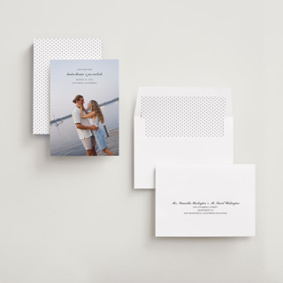 This is a tuxedo save the date with standard by Michelle Buckner called horizon printing on recycled smooth signature in standard